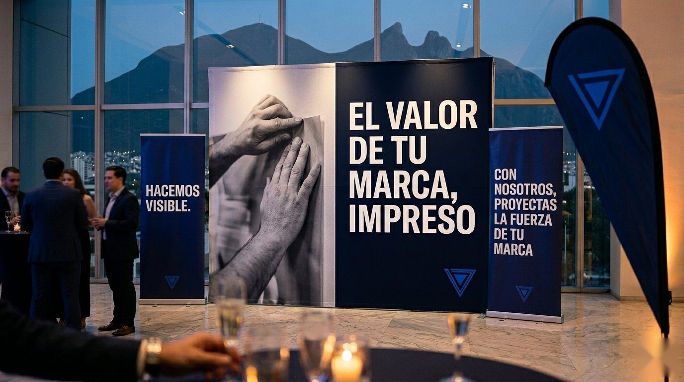 Montaje de banners publicitarios de Punto Clave en evento corporativo nocturno en Monterrey: roll-ups con tagline 'El valor de tu marca, impreso' y bandera tipo gota azul marino con vista al Cerro de la Silla al fondo, profesionales en cocktail empresarial