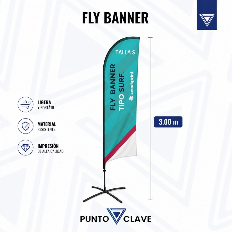 Bandera Tipo Gota Punto Clave — fly banner curvo aerodinámico tipo pluma resistente al viento