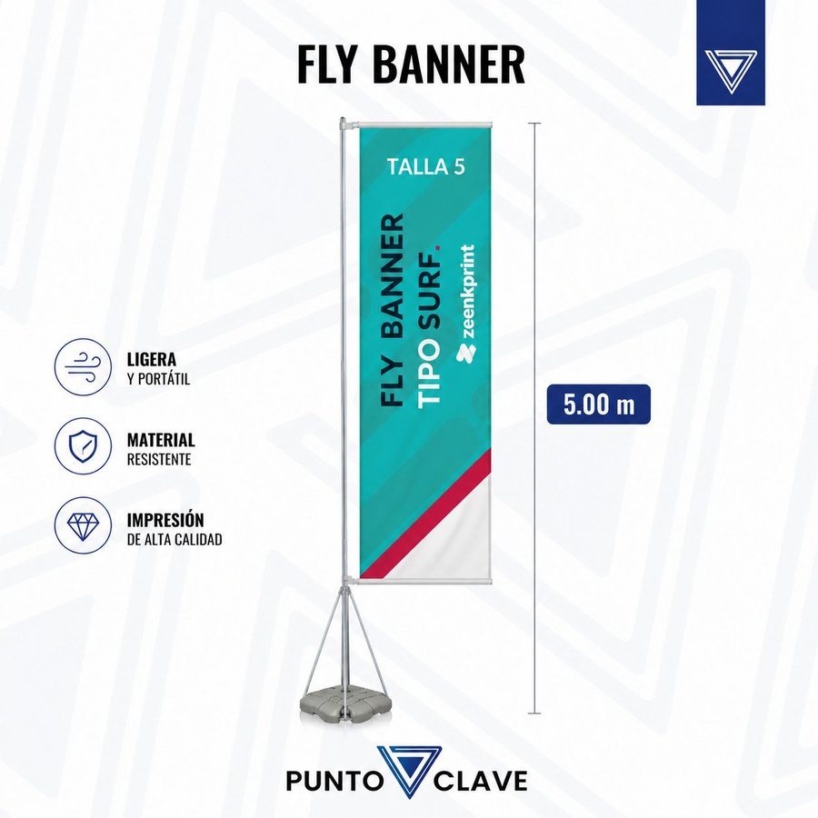 Bandera Recta Punto Clave — fly banner tipo surf rectangular de 5 metros para exterior