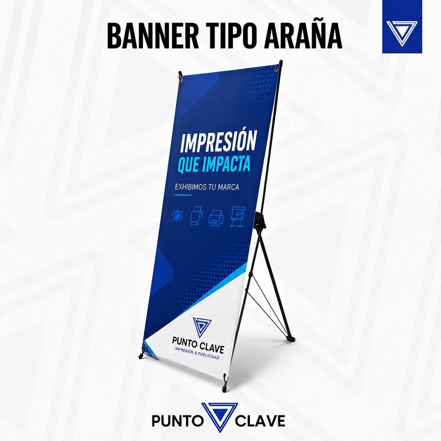 Banner Tipo X o Tipo Araña Punto Clave — display publicitario económico con estructura de varillas en forma de X y trípode