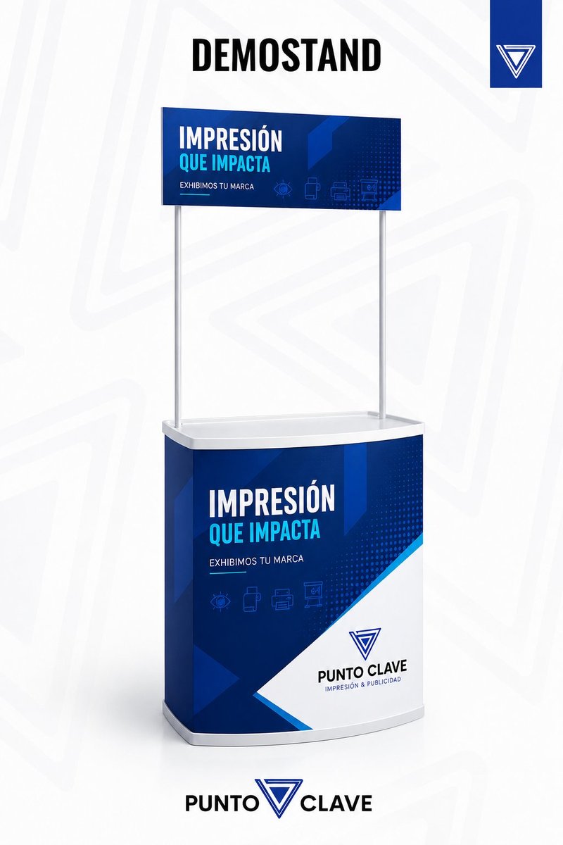 Demo Stand Punto Clave — mostrador publicitario con copete superior intercambiable para activaciones BTL y degustaciones