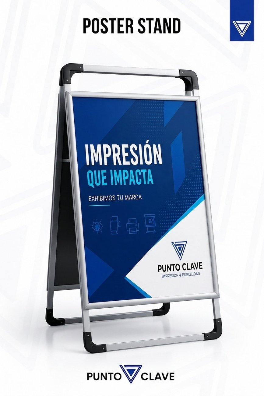 Poster Stand Punto Clave — display tipo A metálico plegable con marco para pósters intercambiables de 60×90 cm, ideal para menús, lobbies y avisos rotativos