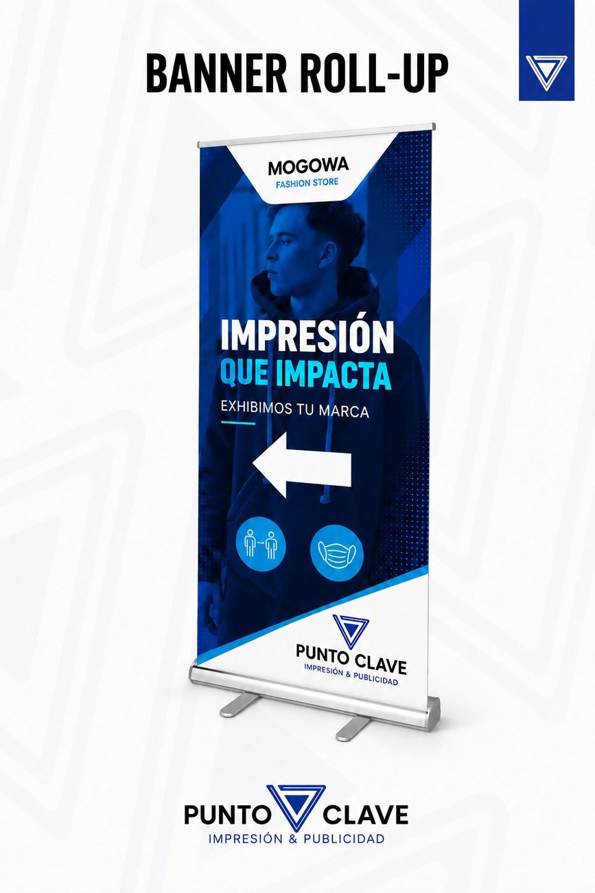 Roll-Up Banner Punto Clave — banner retráctil con estructura cromada y base lastrada, el más vendido para conferencias y stands
