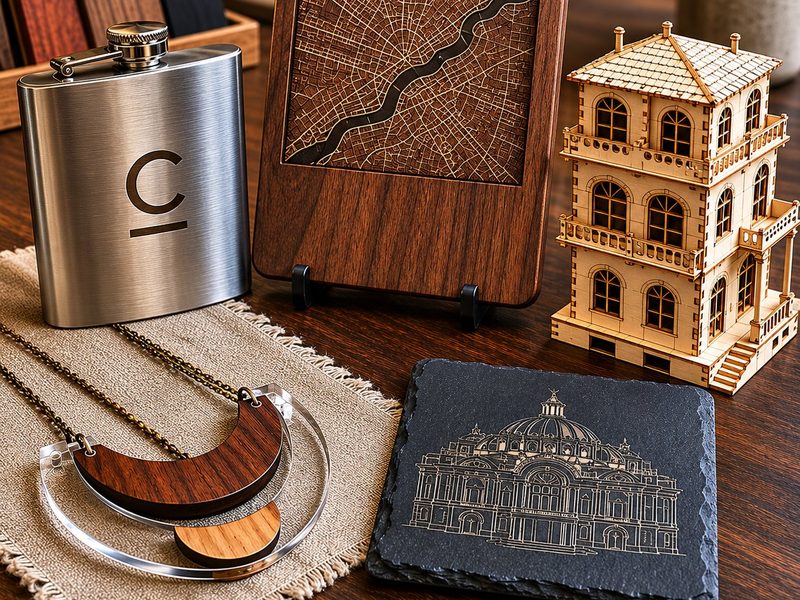 Regalos corporativos y piezas premium grabadas con láser: petaca de acero, mapa de ciudad en madera, maqueta arquitectónica y posavasos de pizarra - Punto Clave Monterrey
