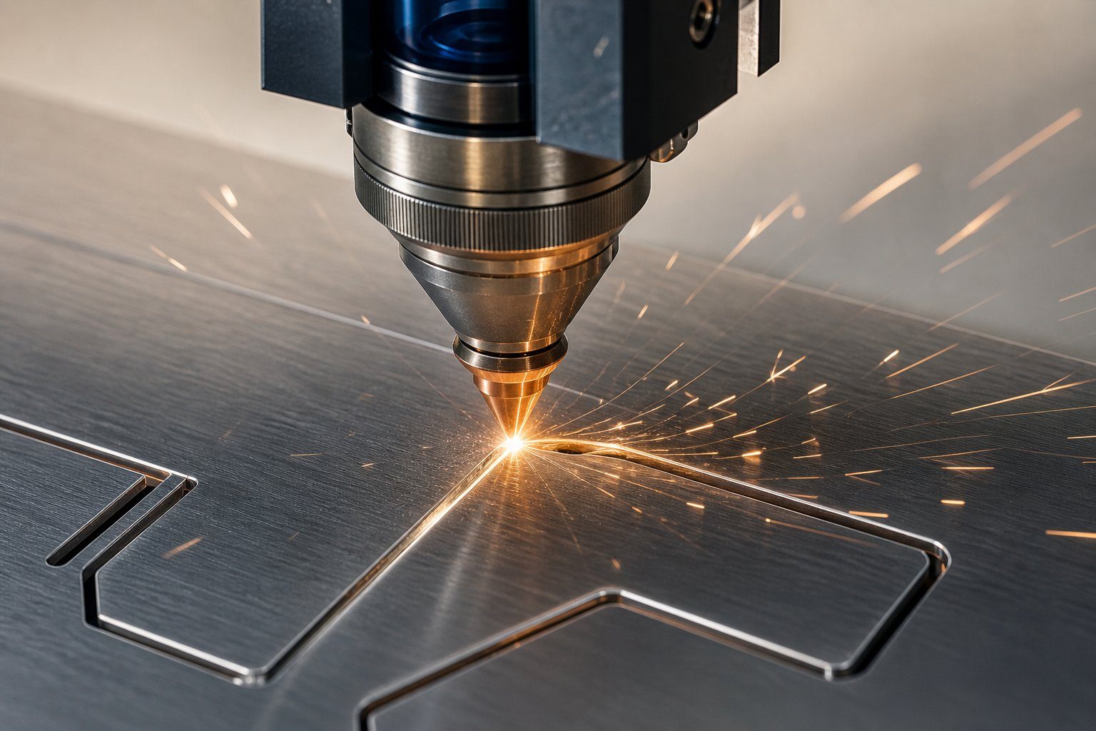 Corte láser de fibra cortando lámina de aluminio con chispas en Punto Clave San Pedro