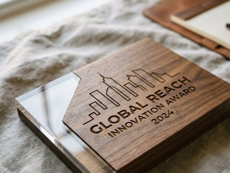 Reconocimiento corporativo en madera de nogal grabada con láser y base de acrílico - Punto Clave Monterrey