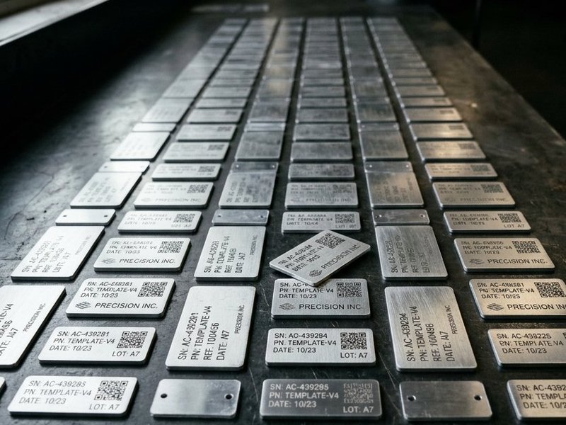 Placas de identificación metálicas con grabado láser de números de serie y QR para maquila industrial - Punto Clave Monterrey
