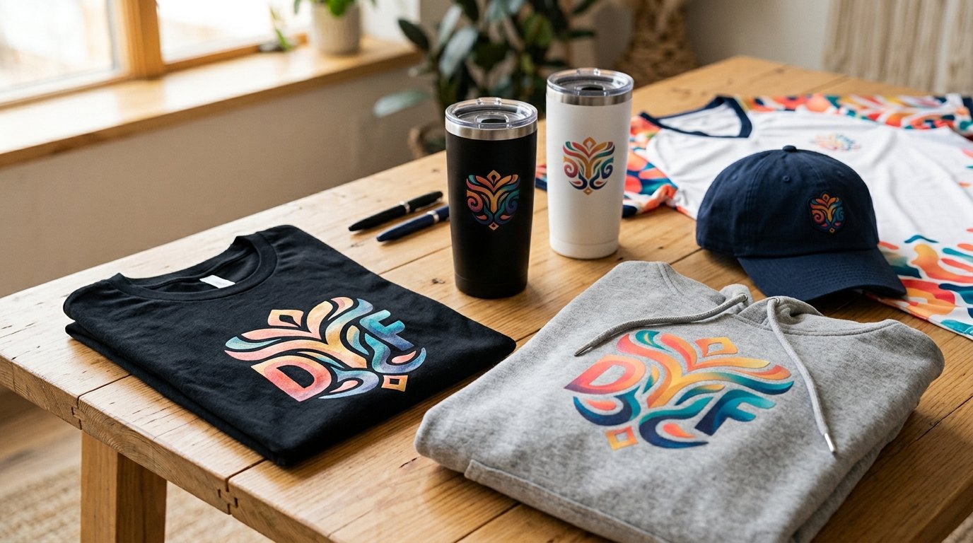 Playera, sudadera, gorra, jersey y termos impresos con DTF a todo color sobre una mesa de madera