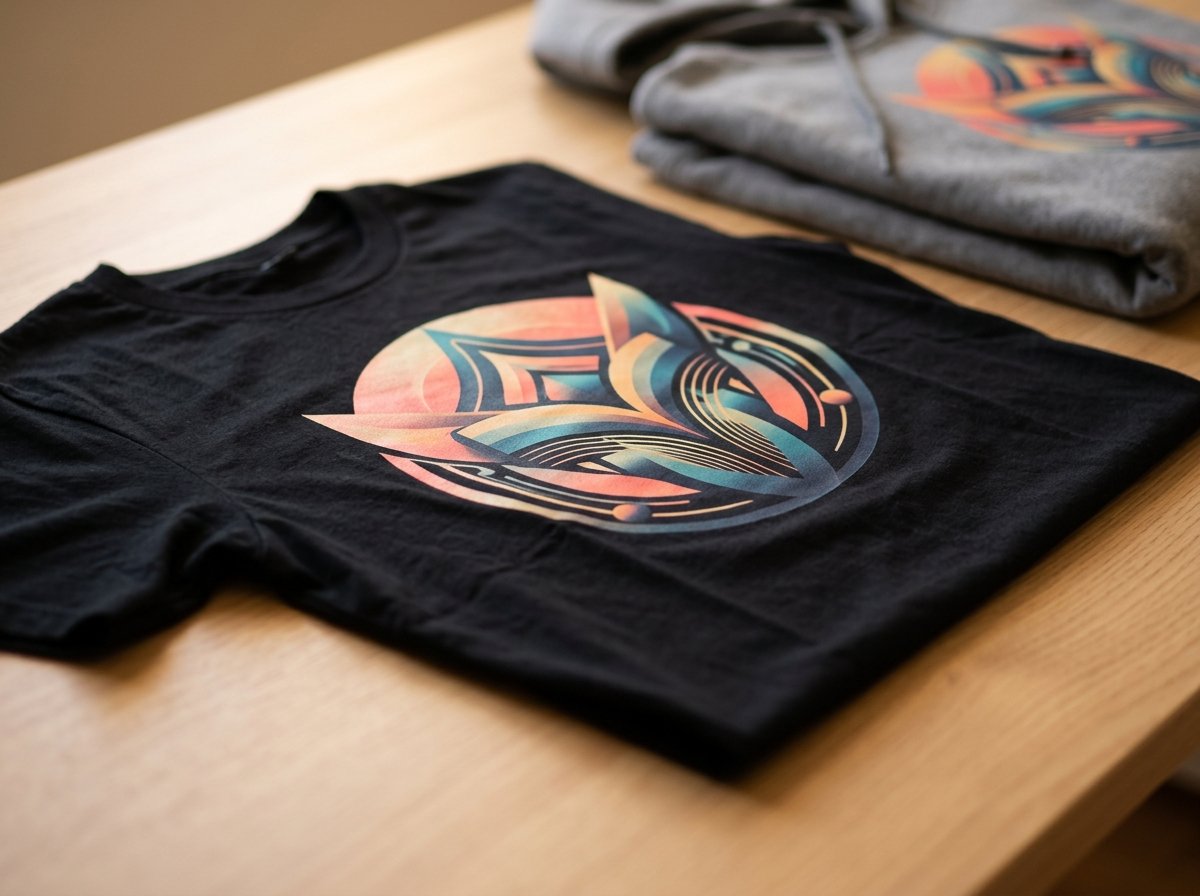 Playera negra con un diseño DTF a todo color y una sudadera gris al fondo