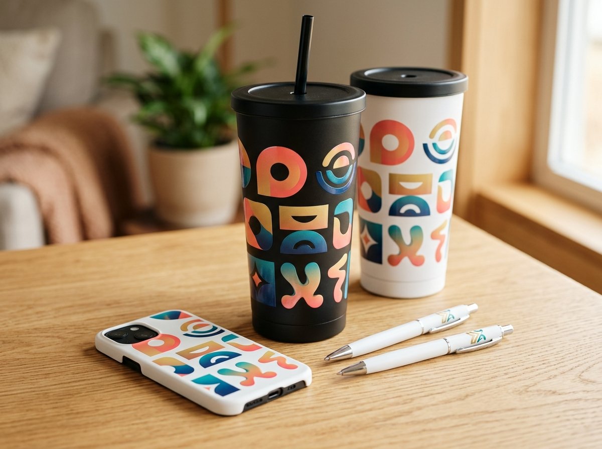Termos, funda de celular y bolígrafos impresos con tinta UV a todo color
