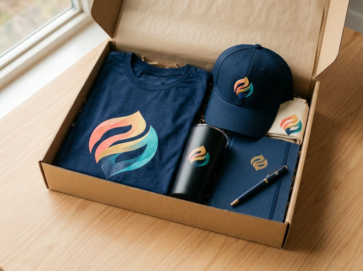 Kit empresarial en caja: playera, gorra, termo, libreta y bolígrafo con el logotipo del cliente