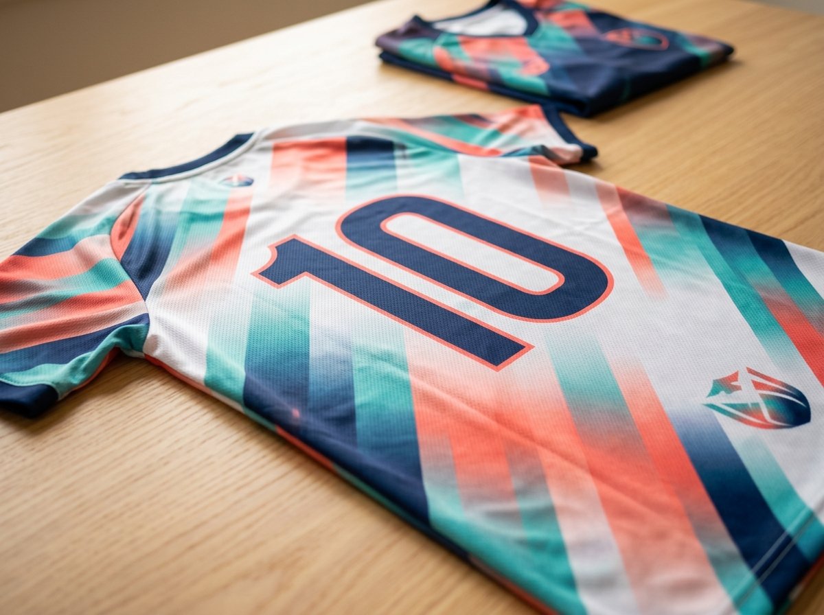 Jersey deportivo sublimado a todo color con número y escudo, sobre una mesa de madera
