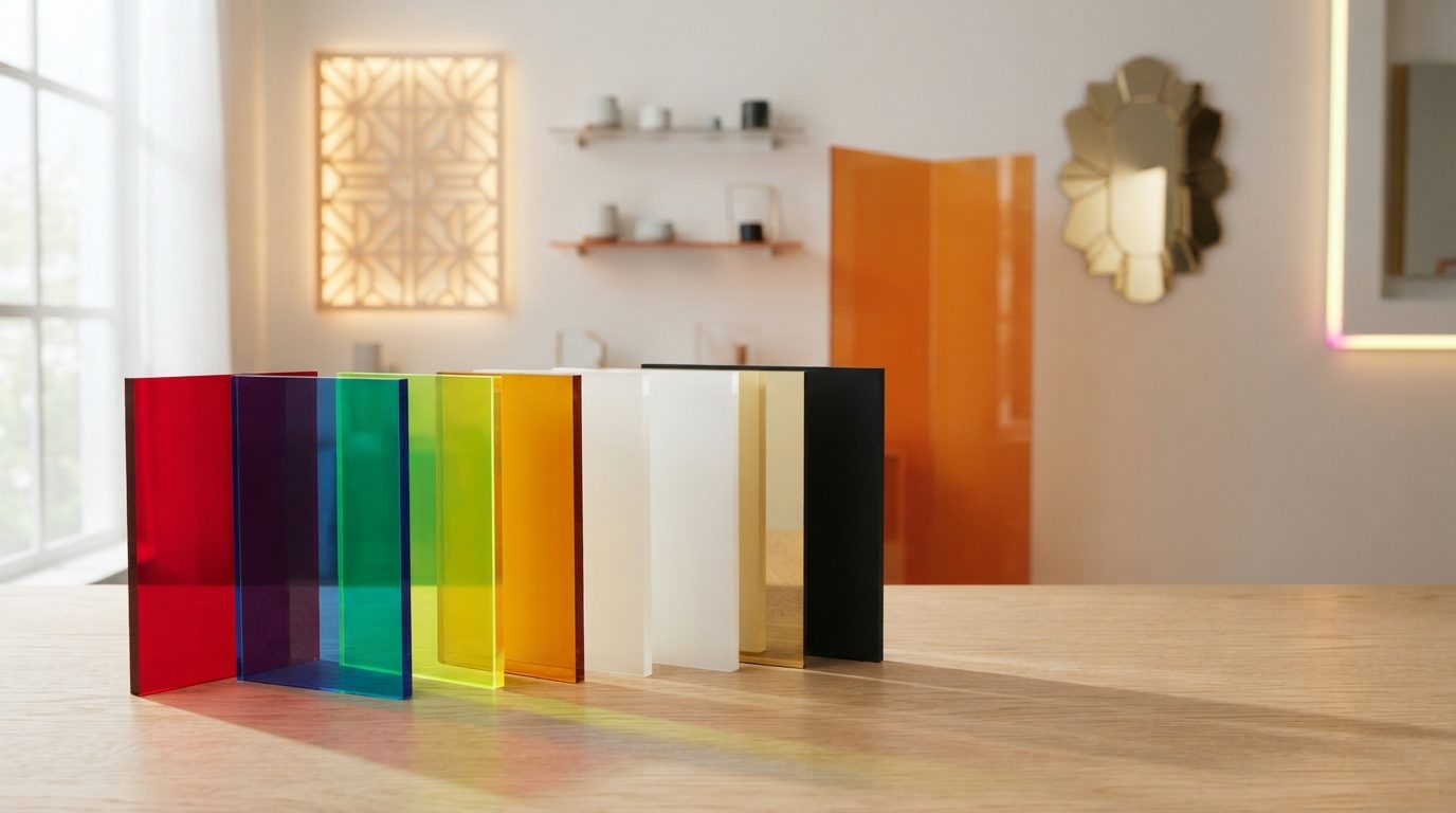 Láminas de acrílico de colores traslúcidos —rojo, morado, azul, verde, amarillo, naranja, blanco, dorado y negro— proyectando sombras de color, en un interior decorado con acrílico — Punto Clave Monterrey