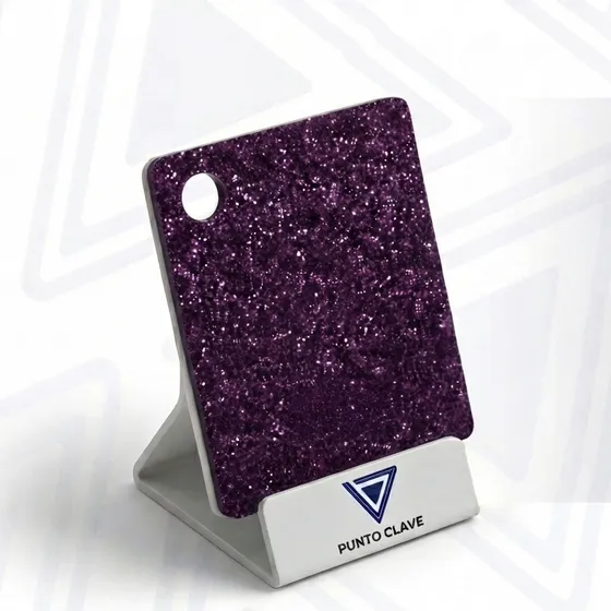 Muestra de lámina de acrílico morado con glitter — Punto Clave Monterrey