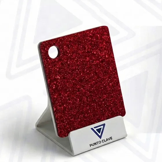 Muestra de lámina de acrílico rojo con glitter — Punto Clave Monterrey