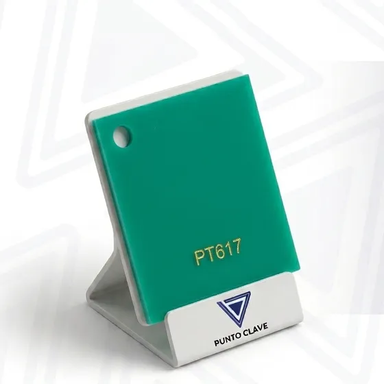 Muestra de lámina de acrílico verde azulado teal código PT617 — Punto Clave Monterrey