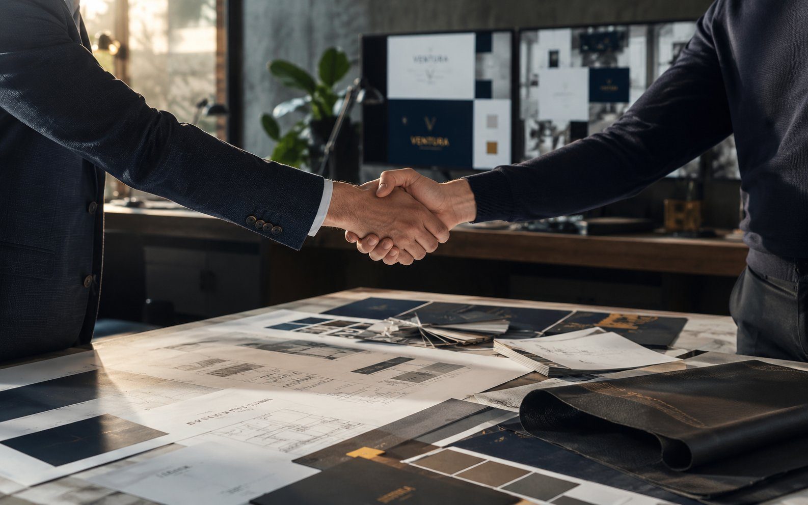 Acuerdo de colaboración entre Punto Clave y agencia creativa sobre mesa con blueprints y materiales de vinil