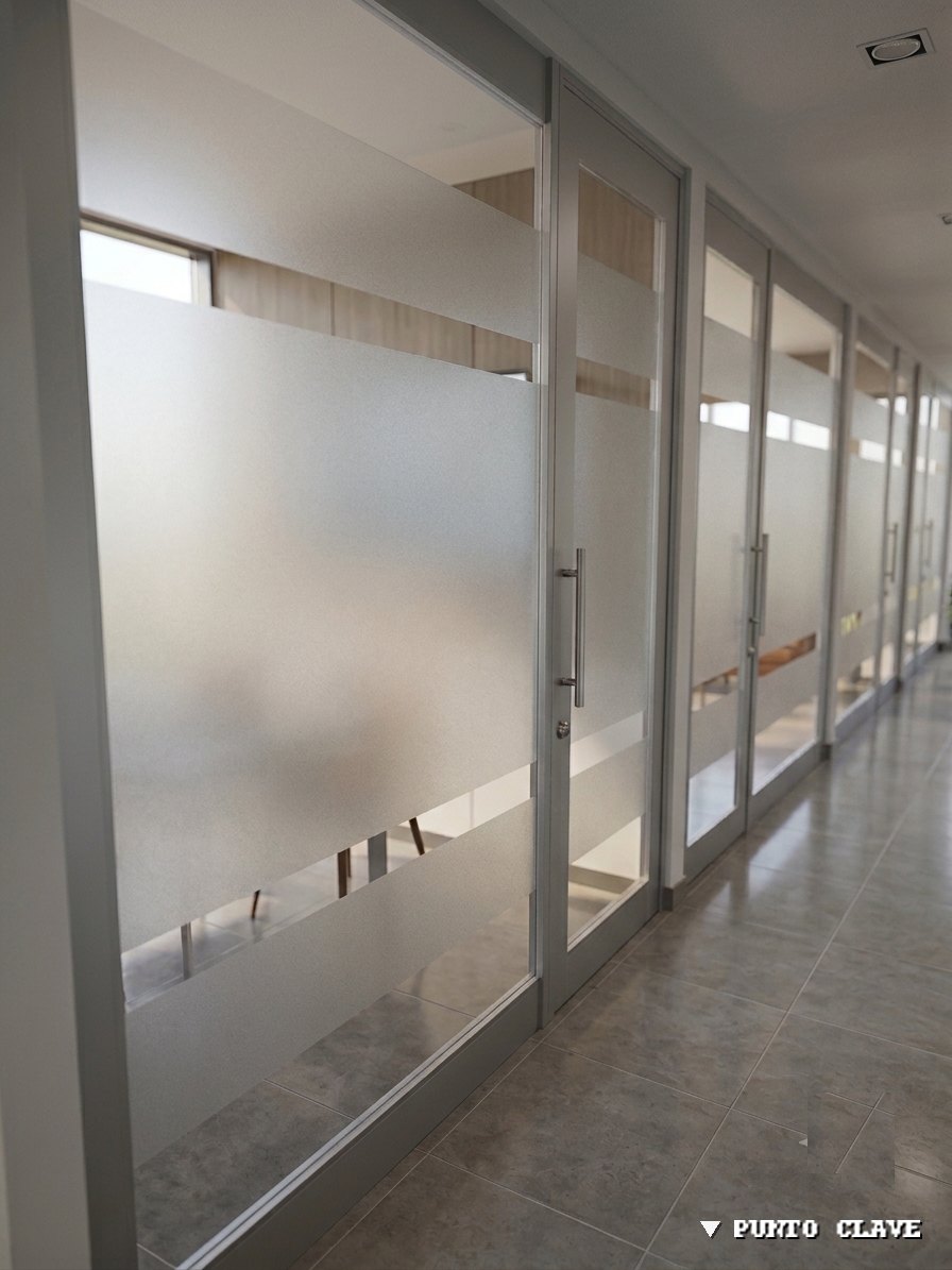 Vinil esmerilado instalado en mamparas de vidrio de una oficina para dar privacidad, trabajo de Punto Clave en Monterrey