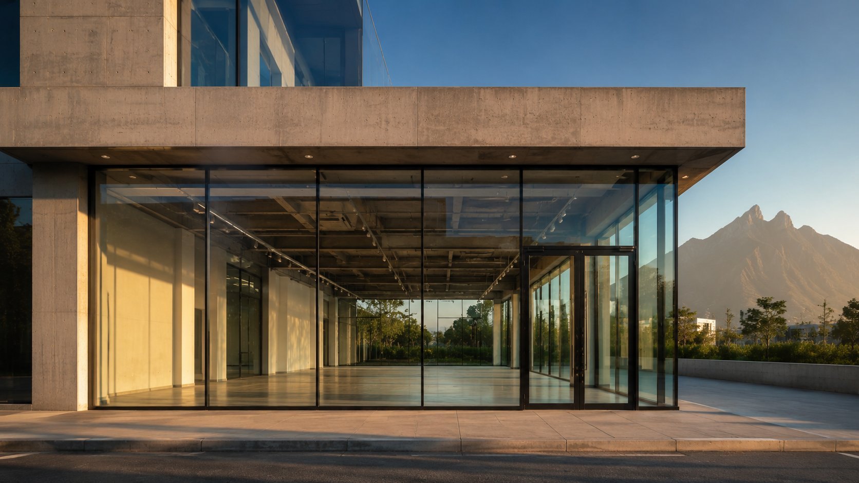 Fachada de edificio corporativo en Monterrey con cristal sin tratar, antes de la instalación del vinil decorativo, con vista panorámica al Cerro de la Silla en hora dorada