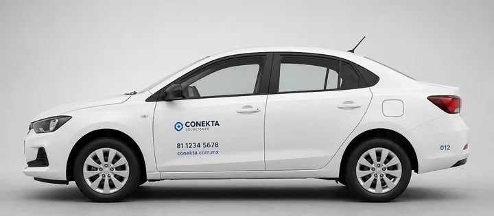 Auto con rotulación nivel 1: solo logotipo, teléfono y sitio web en las puertas