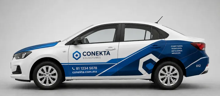 Auto con medio wrap publicitario nivel 3: diseño envolvente en laterales completos