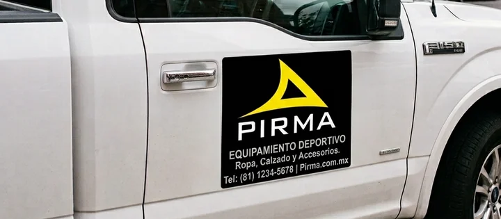 Rótulo en imán con logotipo y datos de contacto colocado sobre la puerta de una camioneta pickup blanca